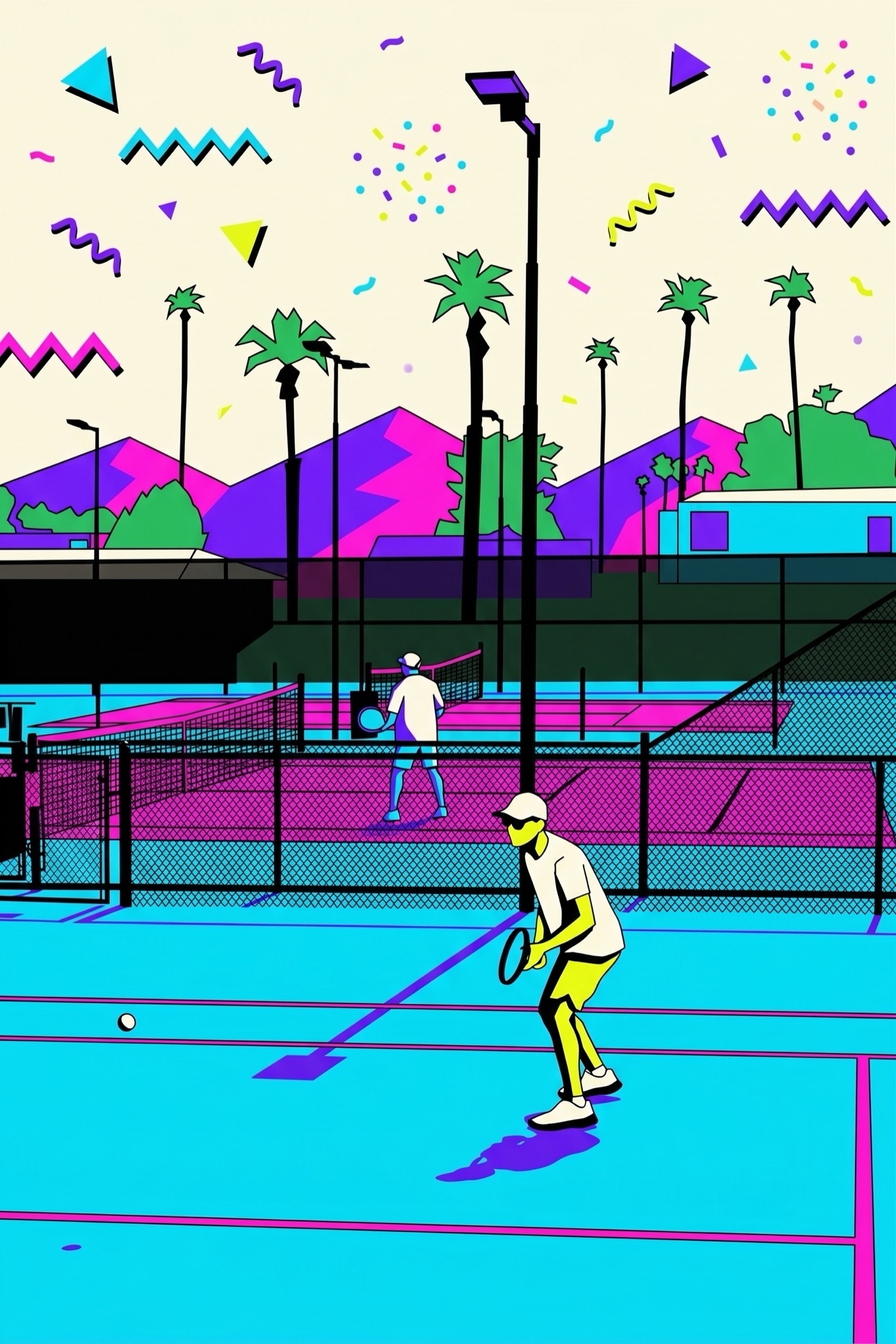 Bold 1980s Memphis-style illustration of a rally on the Cathedral Canyon courts, palms and desert mountains behind.